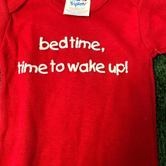 Vintage 90s Triplets Bodysuit Size Medium Red White Bed Time, Time To Wake Up! - Picture 3 of 6